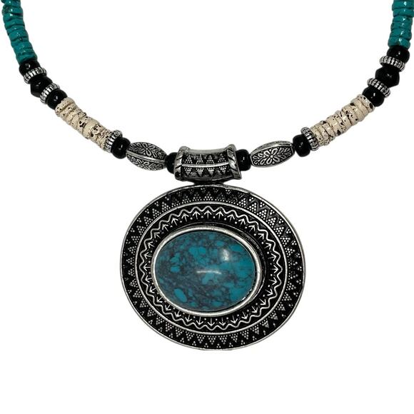 NEW Charter Club Turquoise Medallion Beaded Statement Pendant Necklace NWT - Picture 2 of 5